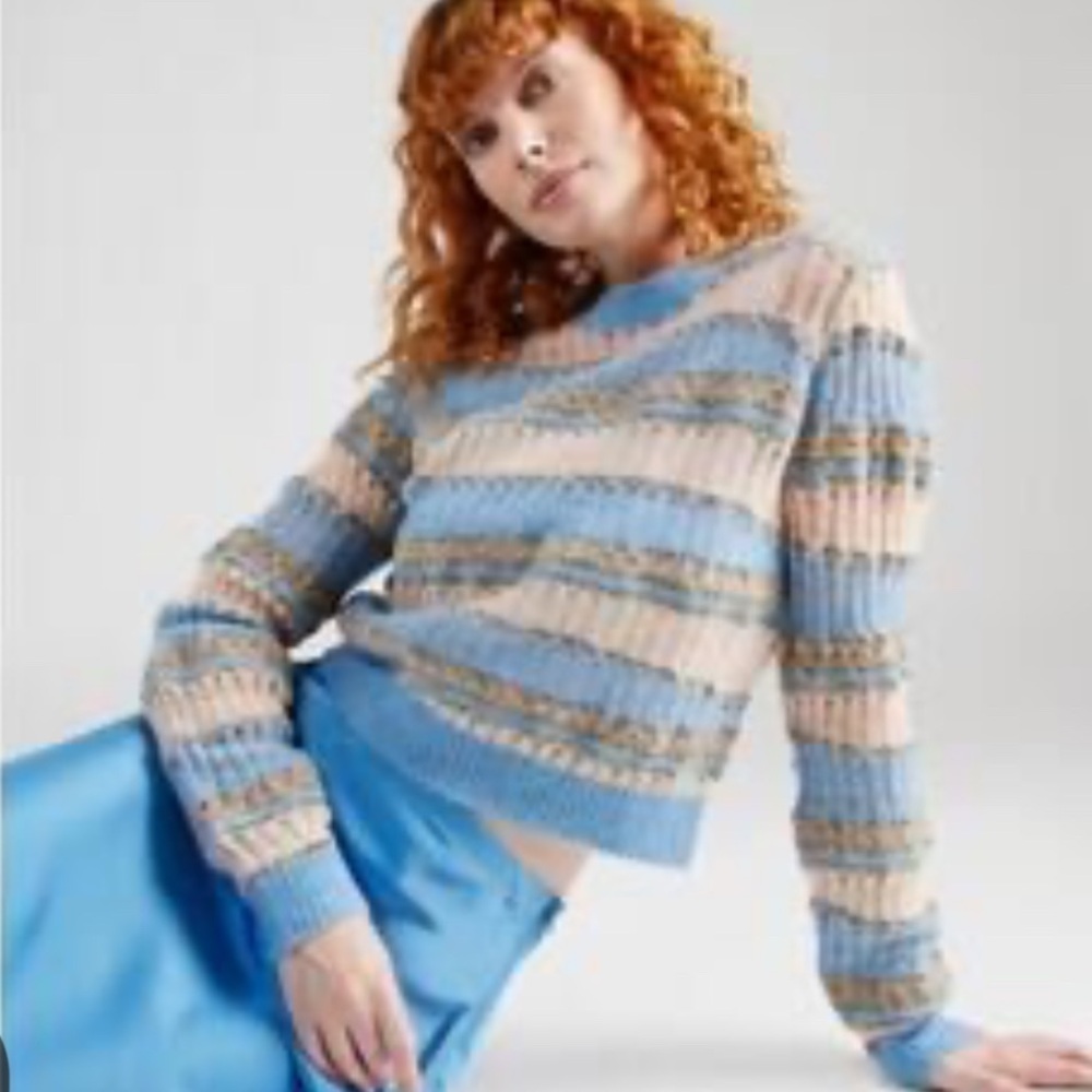 Frame Denim Blue and Cream Crew Neck Sweater with Lacy Knit